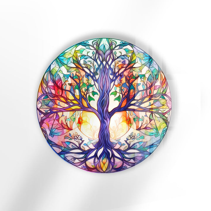 Rainbow Tree of Life Round Wall Art – Stained Glass Style Glass Decor