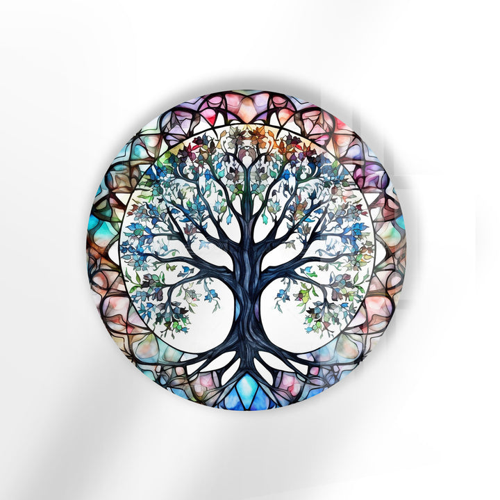 Stained Glass Tree of Life Round Wall Art – Vibrant Symbolic Glass Decor