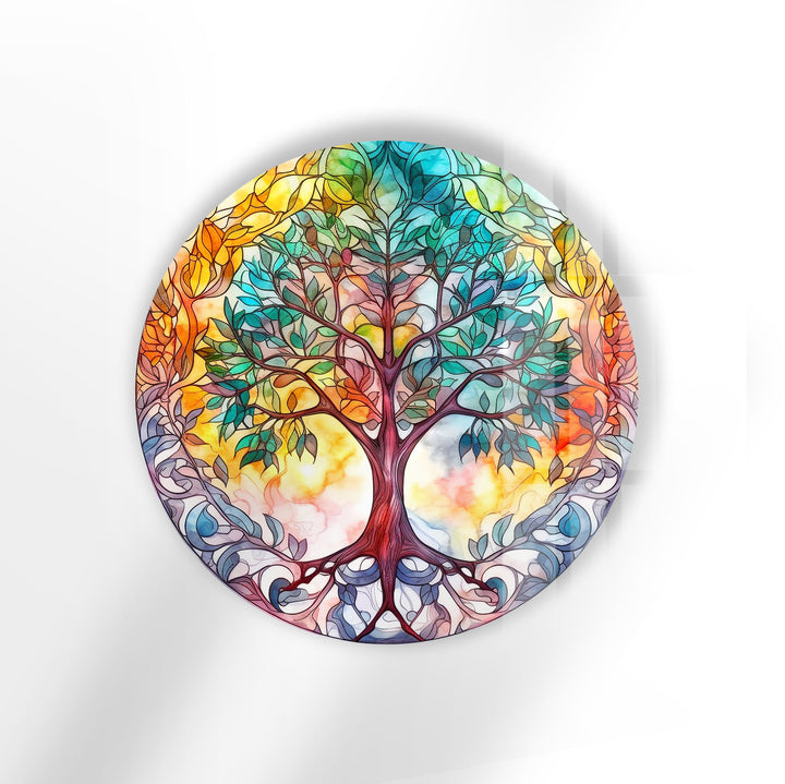 Colorful Tree of Life Round Wall Art – Stained Glass Effect Glass Decor