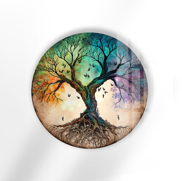Tree of Life Round Glass Wall Art – Colorful Abstract Roots & Branches Decor