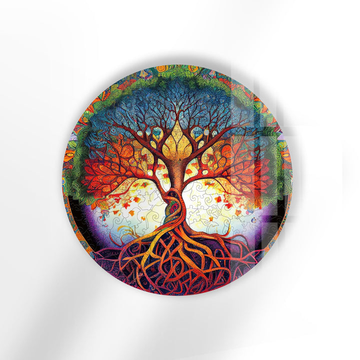 Psychedelischer Lebensbaum, runde Glaswandkunst – lebendige spirituelle Wohndekoration