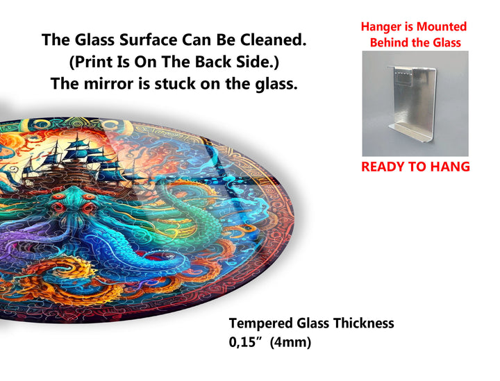 Kraken and Ship Round Wall Art – Mythical Sea Monster Glass Decor for Nautical Fantasy Walls