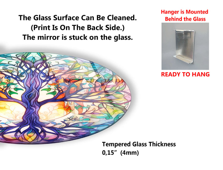Rainbow Tree of Life Round Wall Art – Stained Glass Style Glass Decor