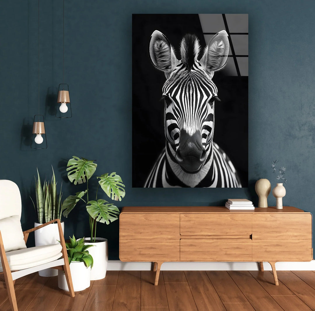 Black and white wildlife artwork on glass capturing a frontal zebra view with high detail.