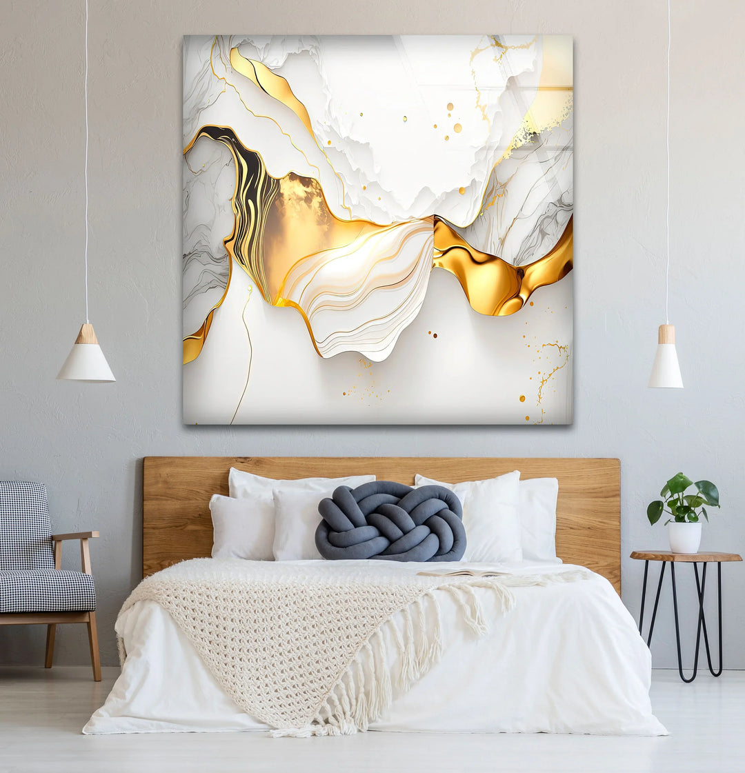 White and Gold Abstract Wall Art – Luxury Fluid Marble Glass Print for Modern Glam Interiors and Chic Living Spaces - MyPhotoStation