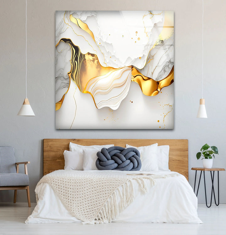 White and Gold Abstract Wall Art – Luxury Fluid Marble Glass Print for Modern Glam Interiors and Chic Living Spaces - MyPhotoStation