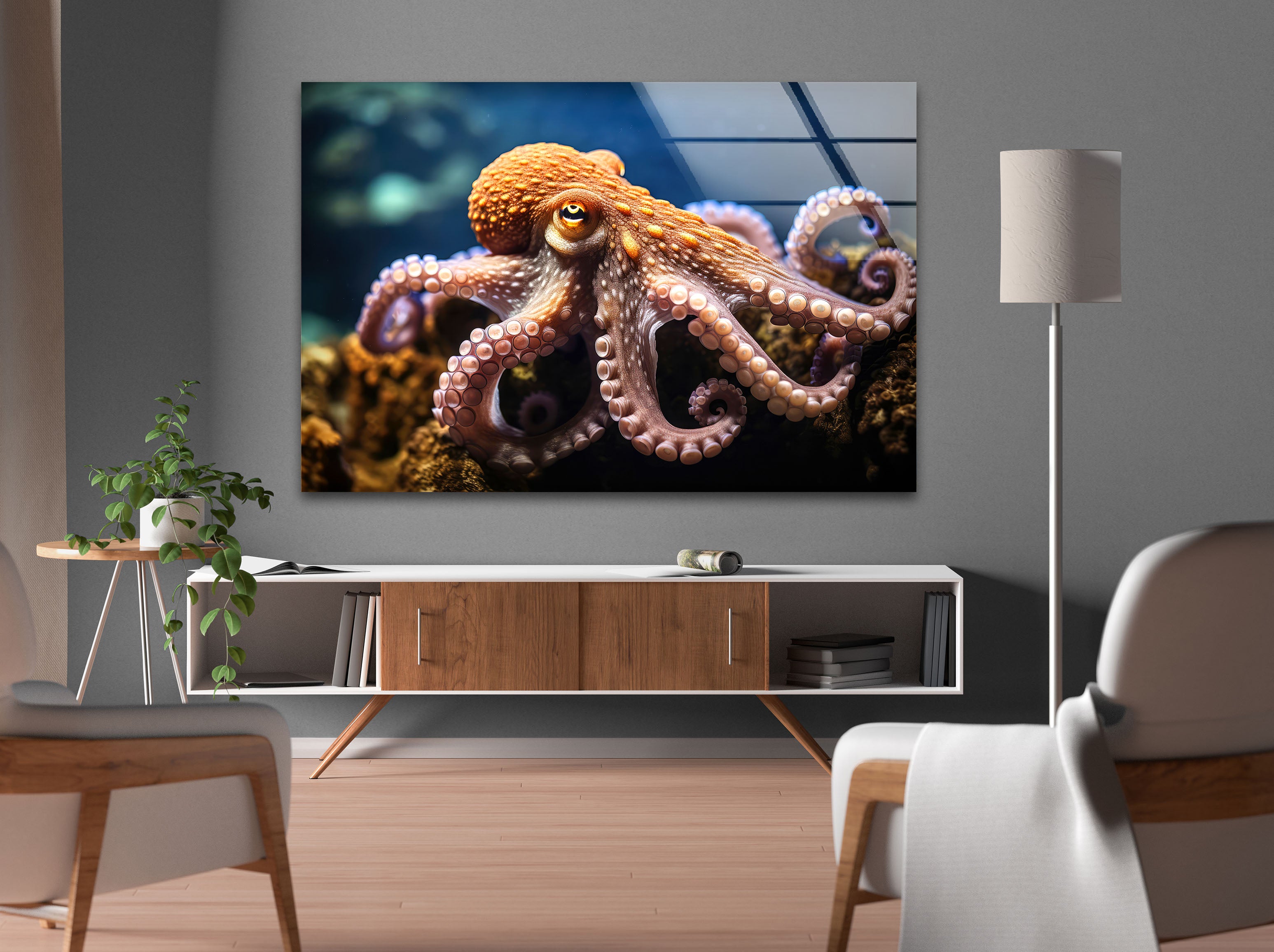 a living room with an octopus on the wall