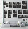 a living room with a couch a table and some pictures on the wall