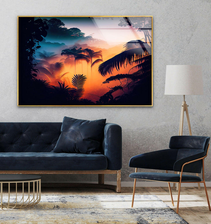 Serene morning light breaking through a vibrant tropical forest, capturing the beauty of nature.
