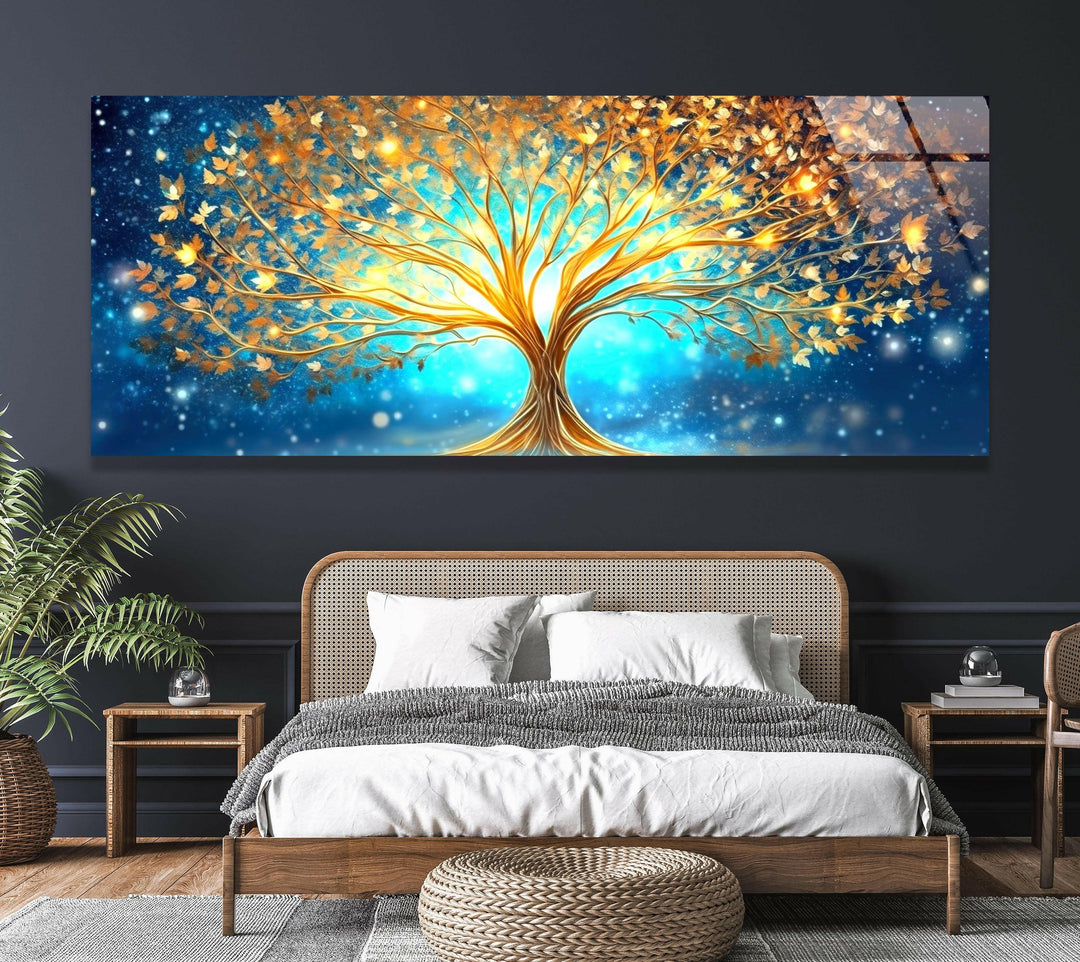 Golden Tree Of Life Abstract Glass Wall Art, picture on glass wall art, photos printed on glass