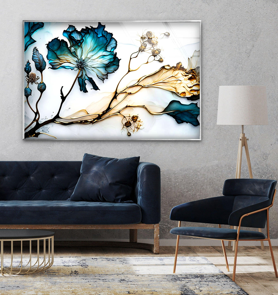 Blue Abstract Flower Glass Wall Art, glass image printing, glass prints from photos