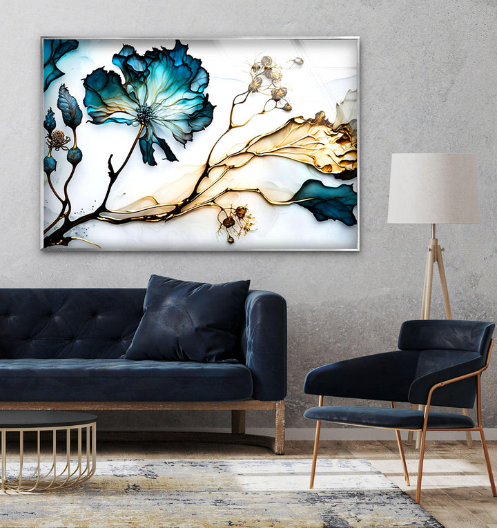Blue Abstract Flower Glass Wall Art, glass image printing, glass prints from photos