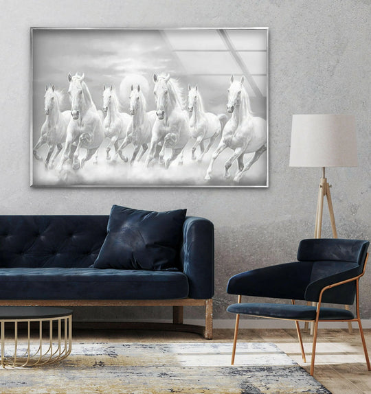 Animal glass wall art features running white horses and horse wall art and elegant decor