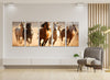 three horses running in a line in a room