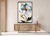 a picture of a flower on a wall above a dresser