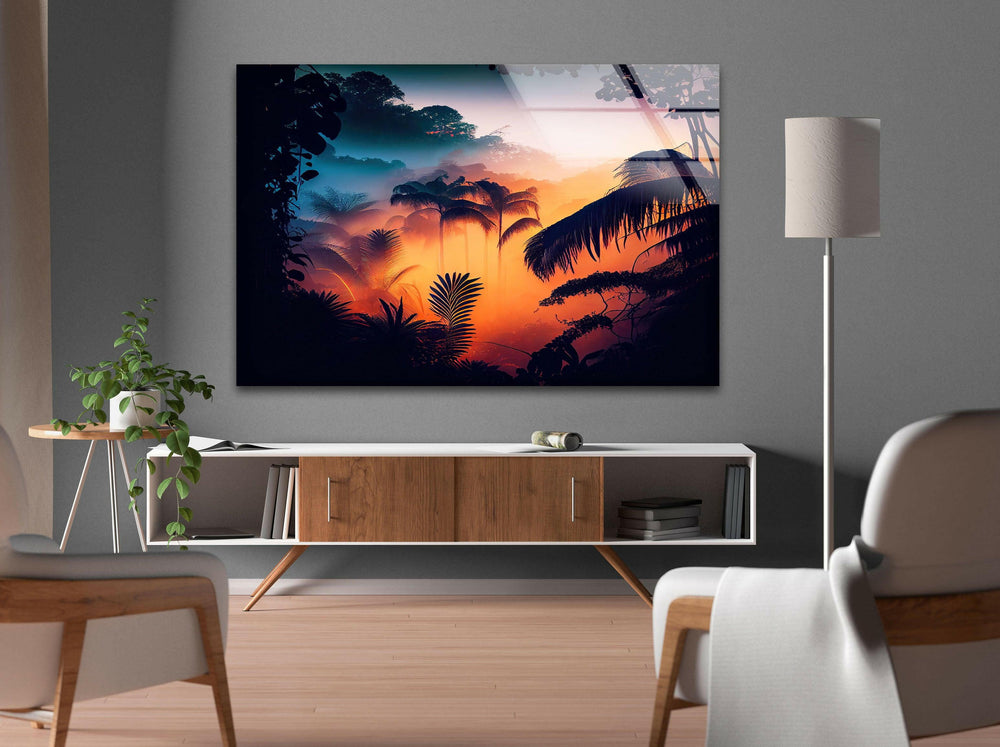Captivating forest landscape at dawn, with vibrant sunlight shining through the tropical jungle.
