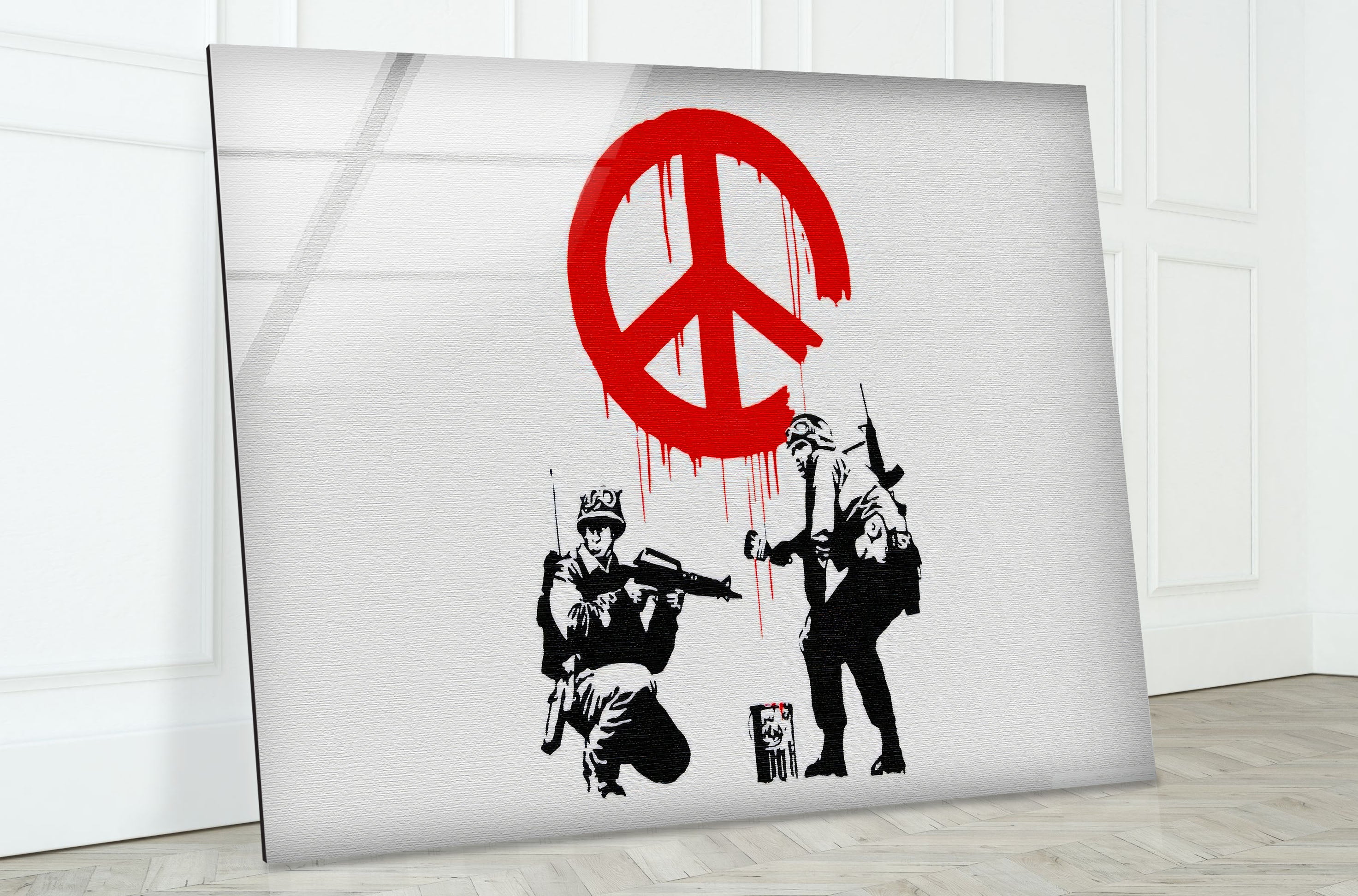 a painting of two people holding guns and a peace sign