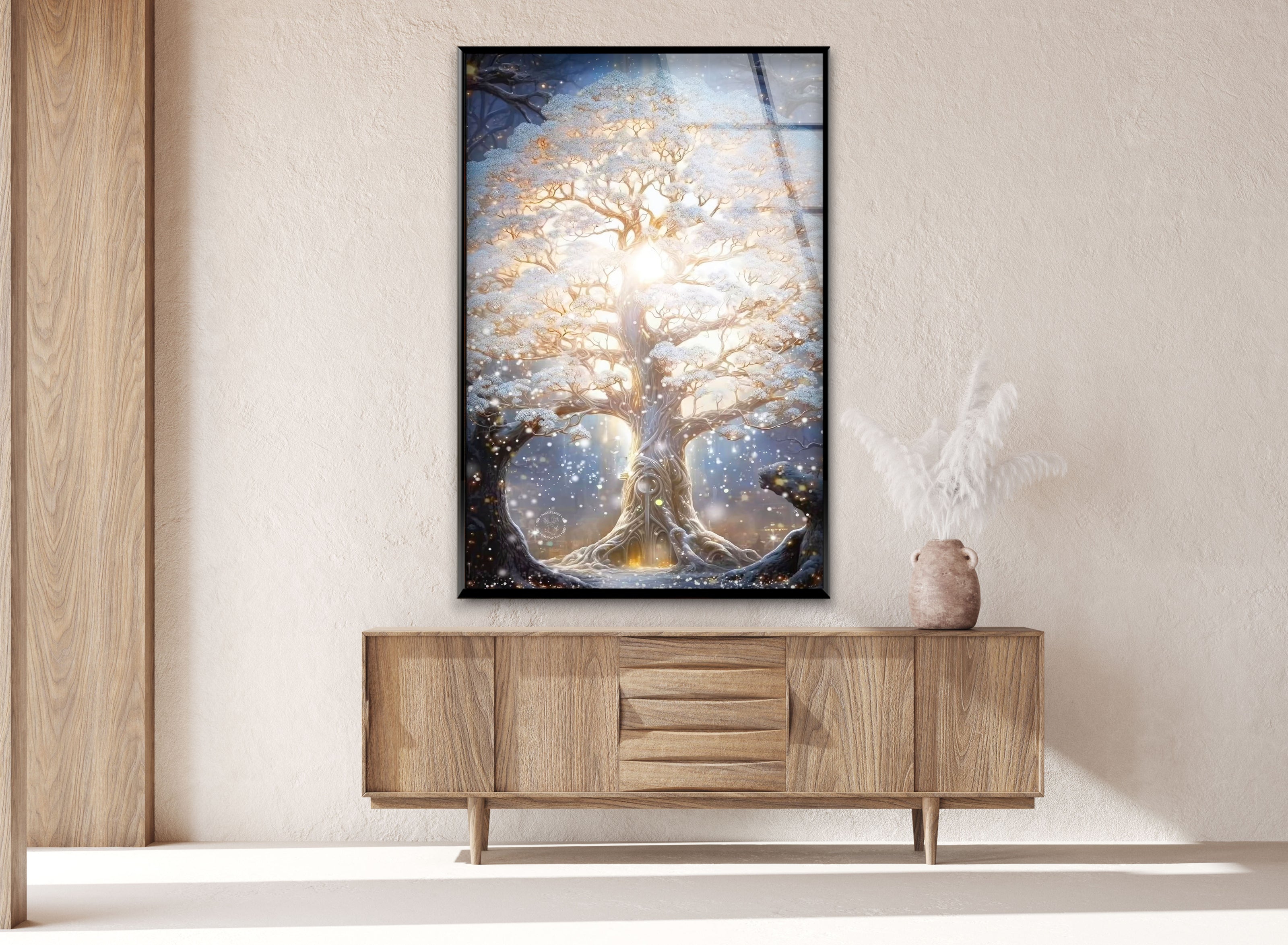 a painting of a tree in a room