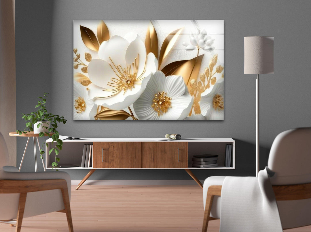 White Gold Flowers Glass Wall Art, glass image printing, glass prints from photos