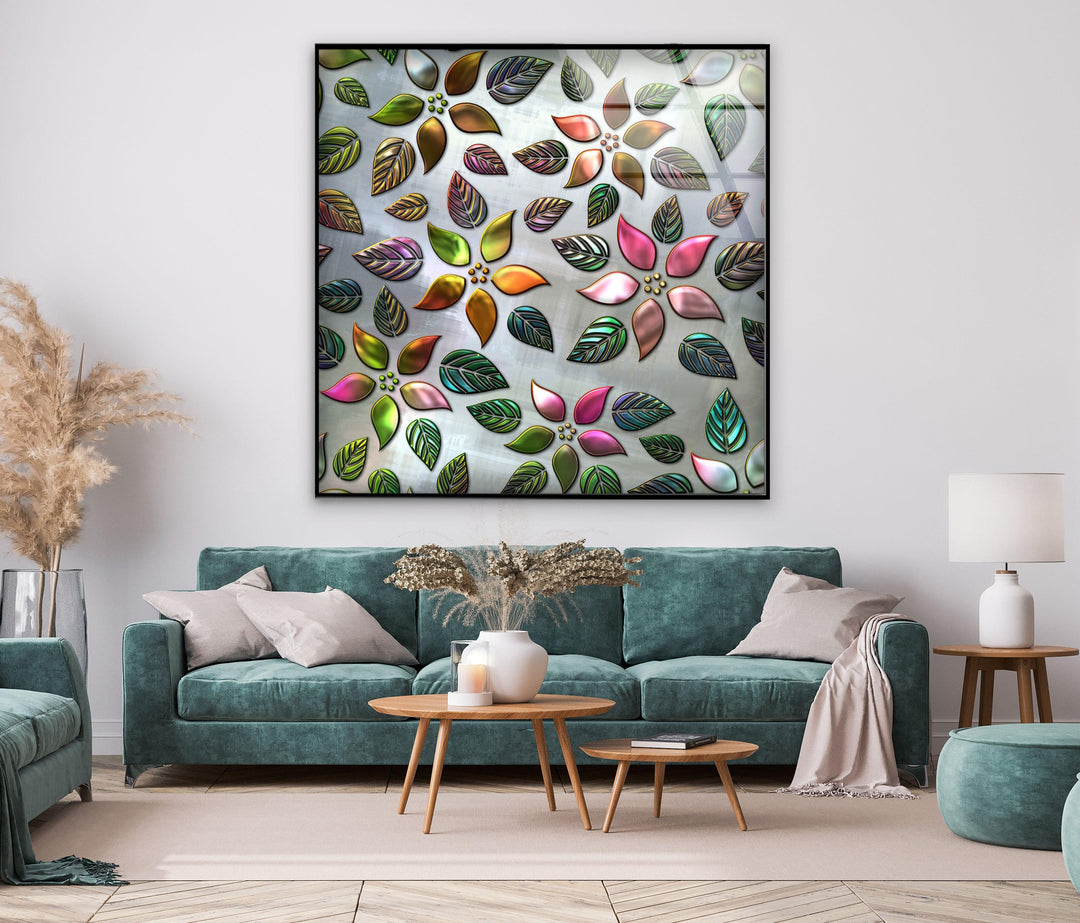 Silver Floral Pattern Glass Wall Art, Glass Printing Wall Art, Print photos on glass