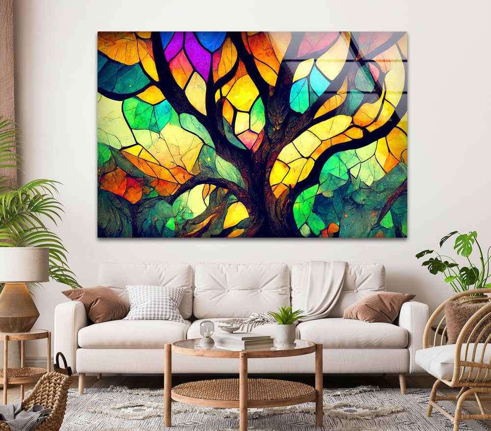 Stained Glass Window Tree Glass Wall Art, picture on glass wall art, photos printed on glass