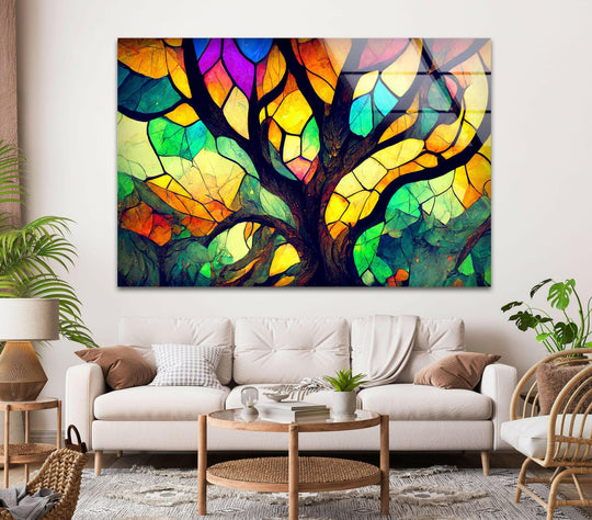 Vibrant stained glass tree wall art displays striking contrasts of luminous yellow, deep green, and rich purple hues.