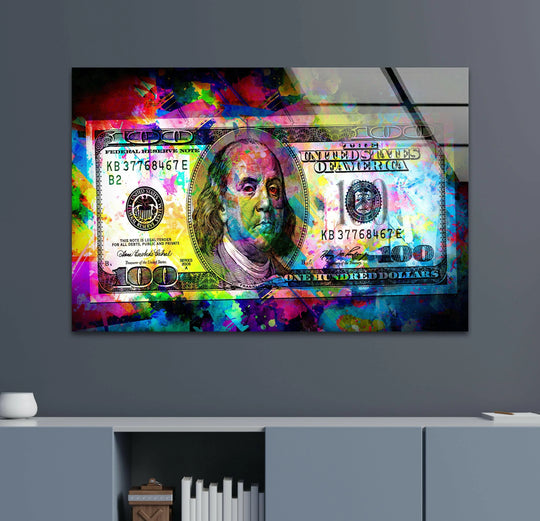 Negative space showcases a vibrant neon dollar bill painting, emphasizing the abstract color splashes that surround the iconic currency.