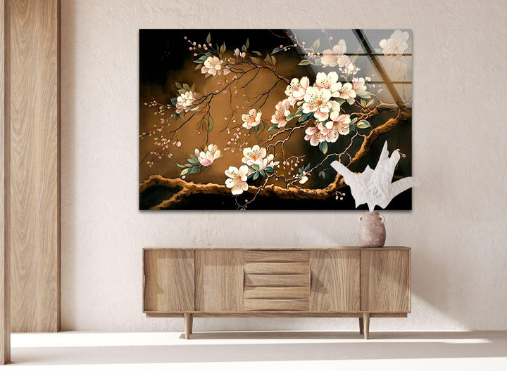 Gold Cherry Blossom Glass Wall Art, glass art painting, glass art for the Wall