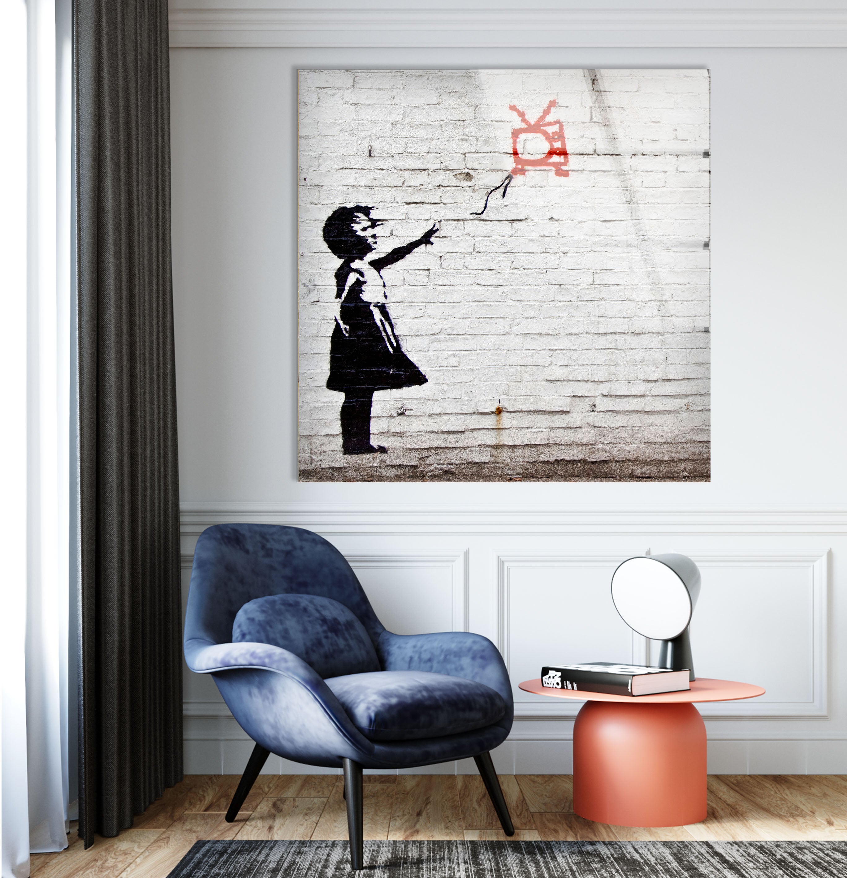 a painting of a little girl holding a kite