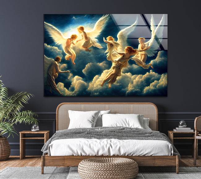 a painting of angels flying in the sky above a bed