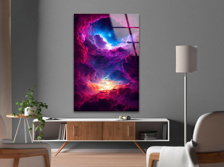 Futuristic nebula design print on glass, filled with rich colors and intricate details.
