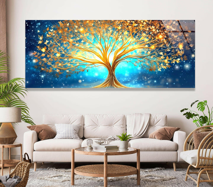Golden Tree Of Life Abstract Glass Wall Art, large glass photo prints, glass wall photos