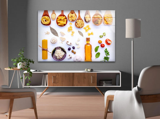 Horizontal glass wall art featuring an arrangement of pasta and ingredients displayed above a wooden console in a modern living room.