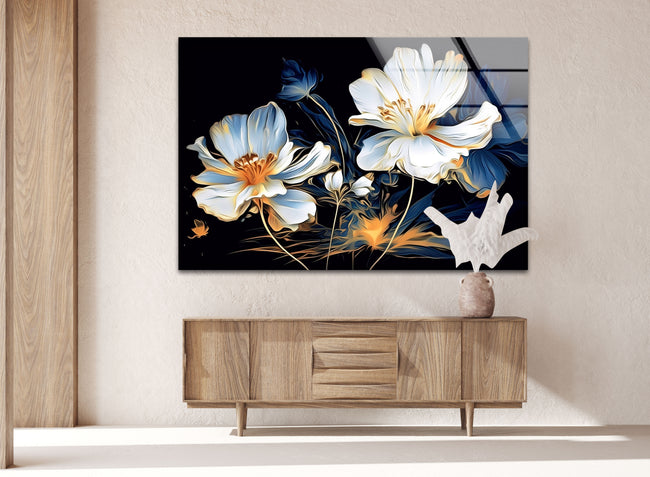 a painting of white flowers on a black background