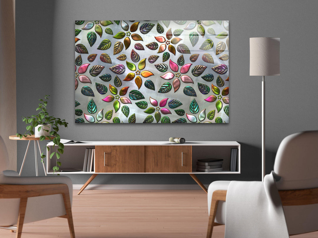 Silver Floral Pattern Glass Wall Art, glass pictures for Wall, glass prints wall art