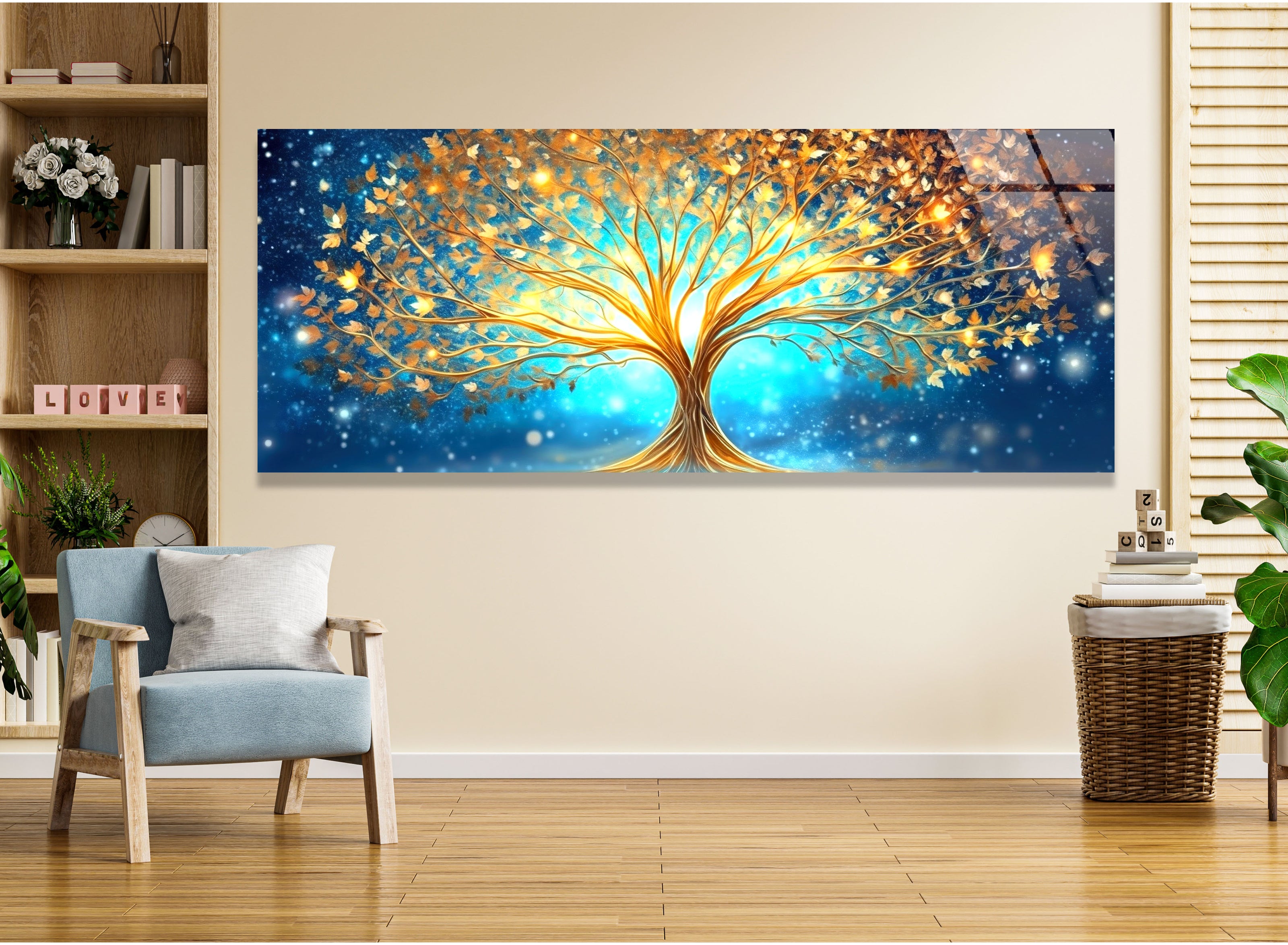 a painting of a tree on a wall