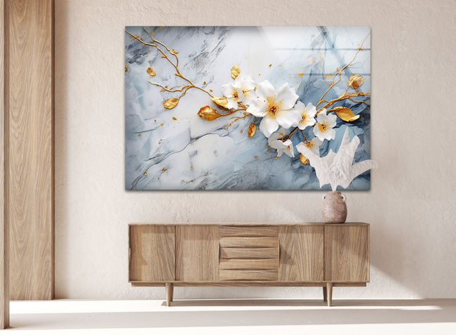 a painting of white flowers on a blue marble background
