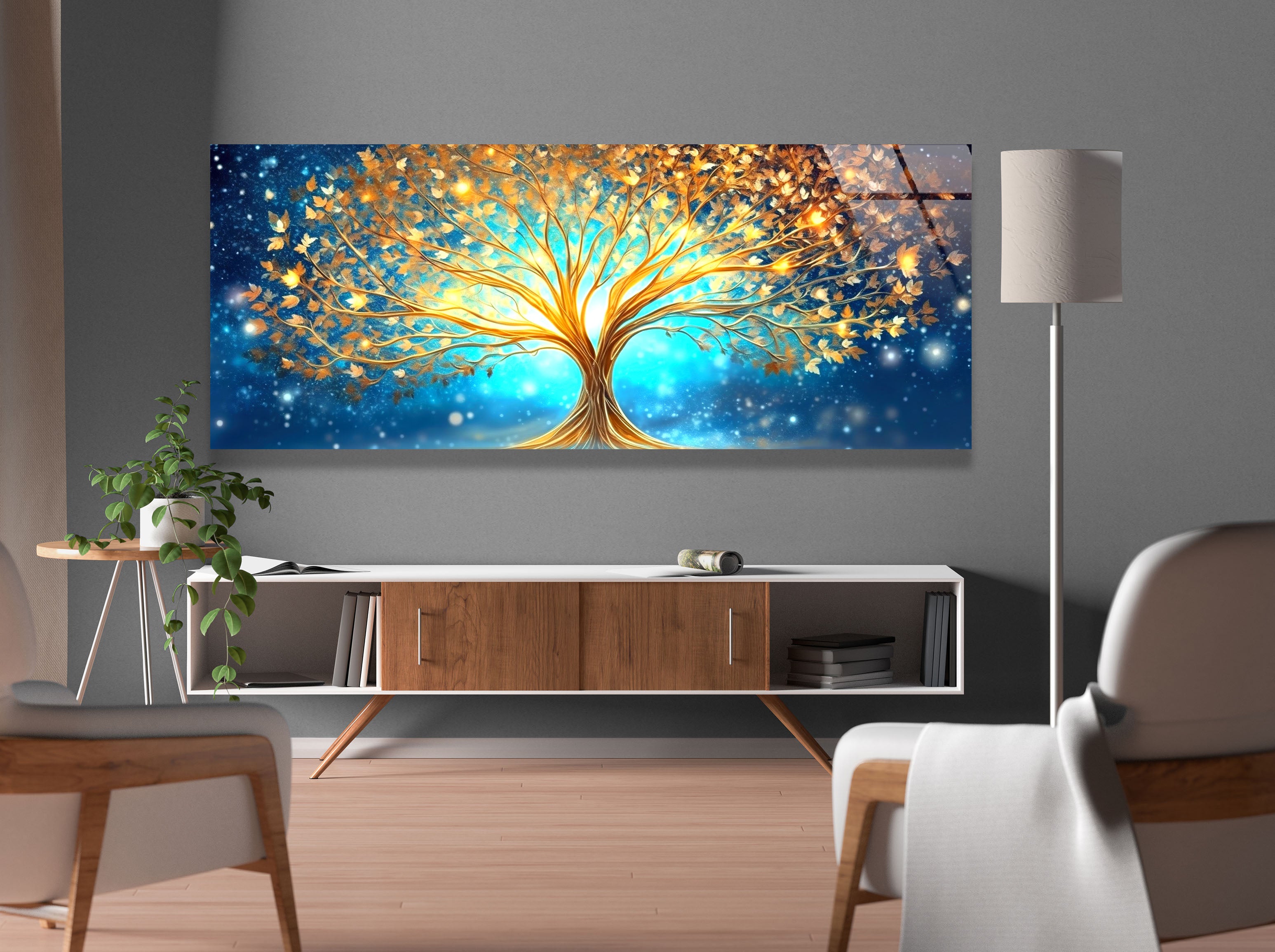 a painting of a yellow tree on a blue background