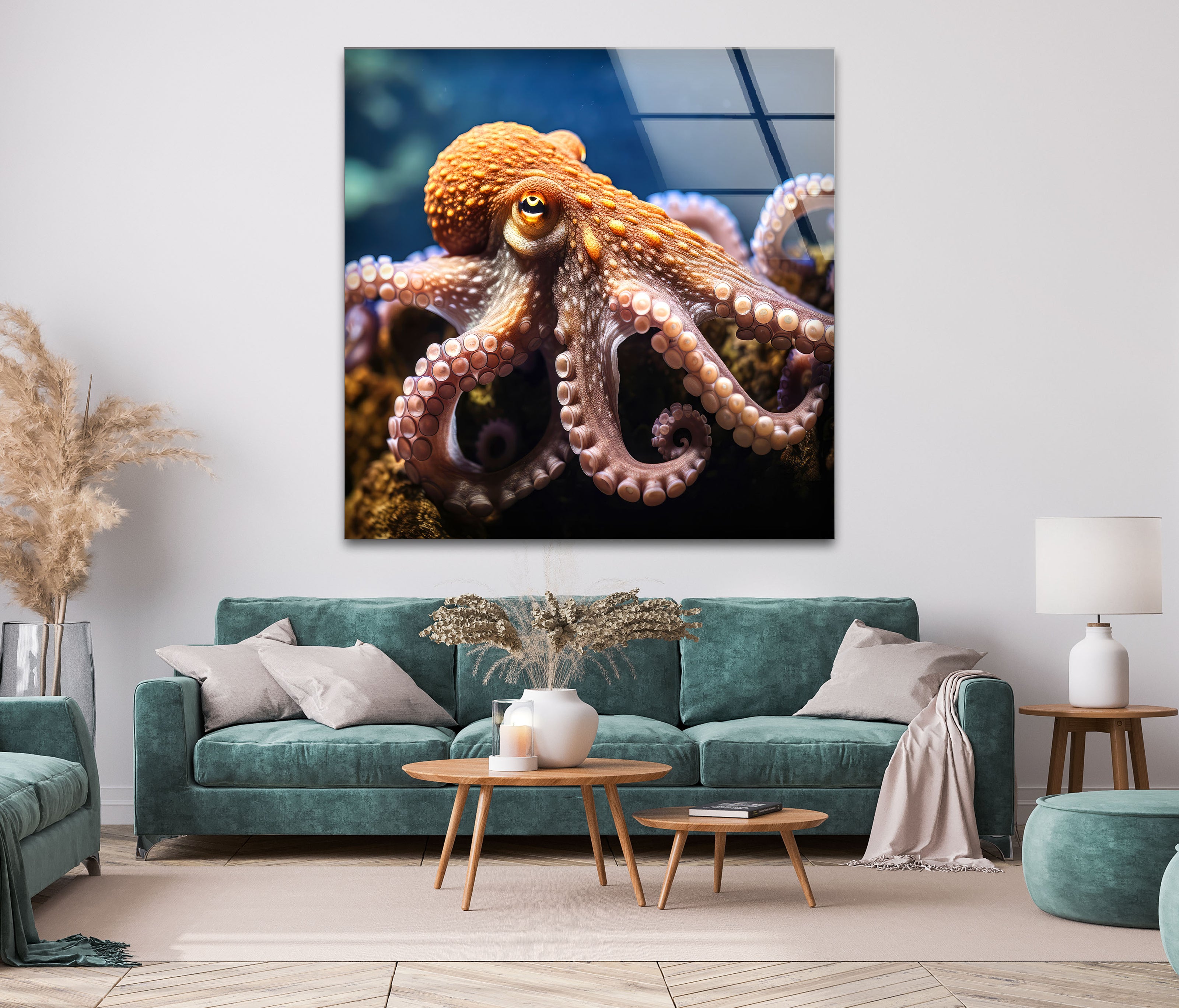 a living room with a blue couch and an octopus painting on the wall