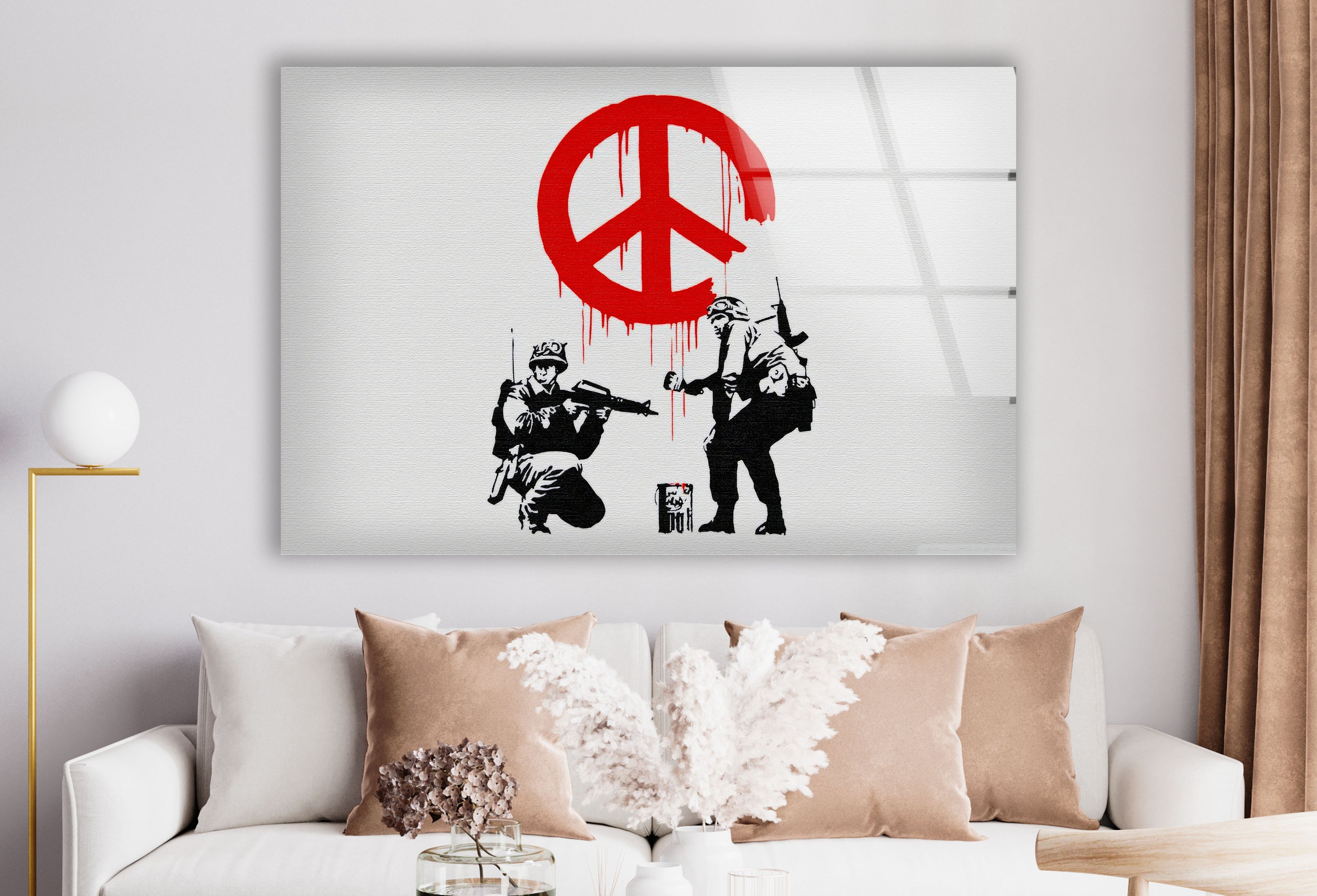 a living room with a peace sign painted on the wall