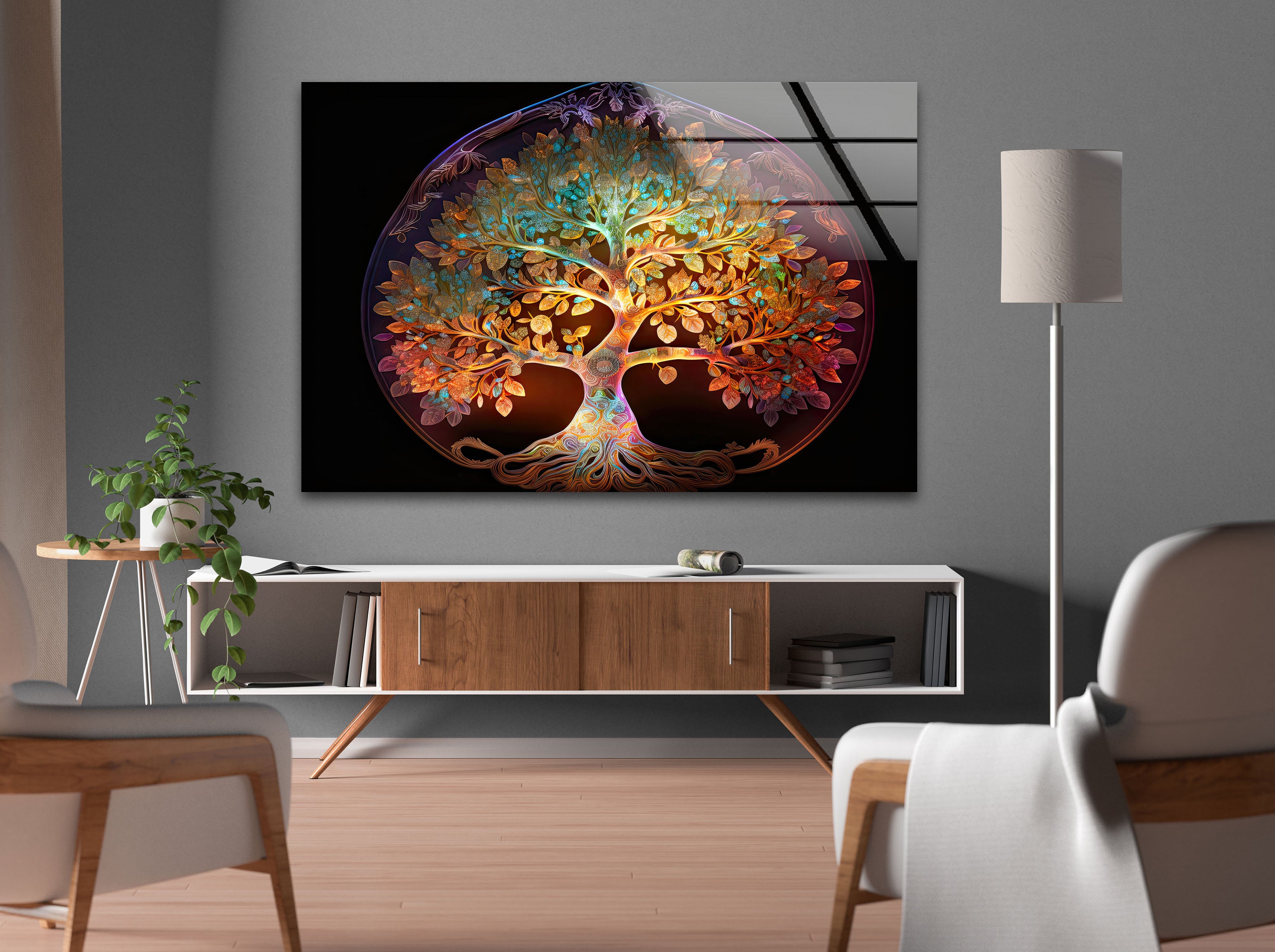 a living room with a painting of a tree on the wall