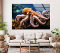 a living room with a couch and an octopus on the wall