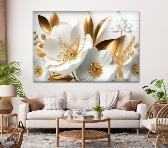 Exquisite white and gold floral glass wall art prints featuring a textured, embossed design with metallic accents.