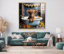 a living room with a couch and a painting of a teddy bear in a bath