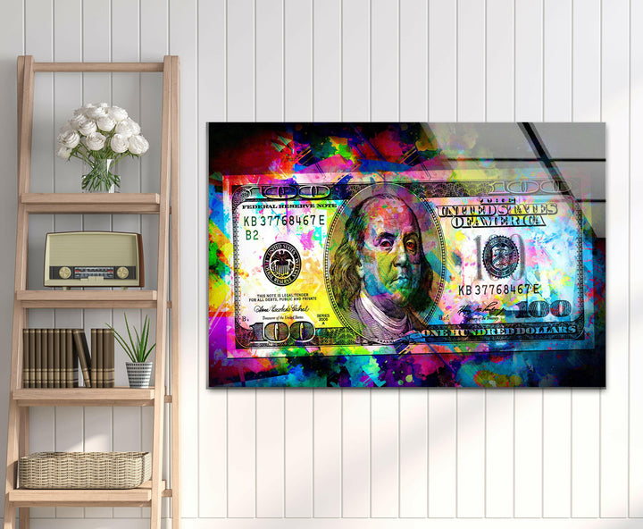 a dollar bill is displayed on a wall