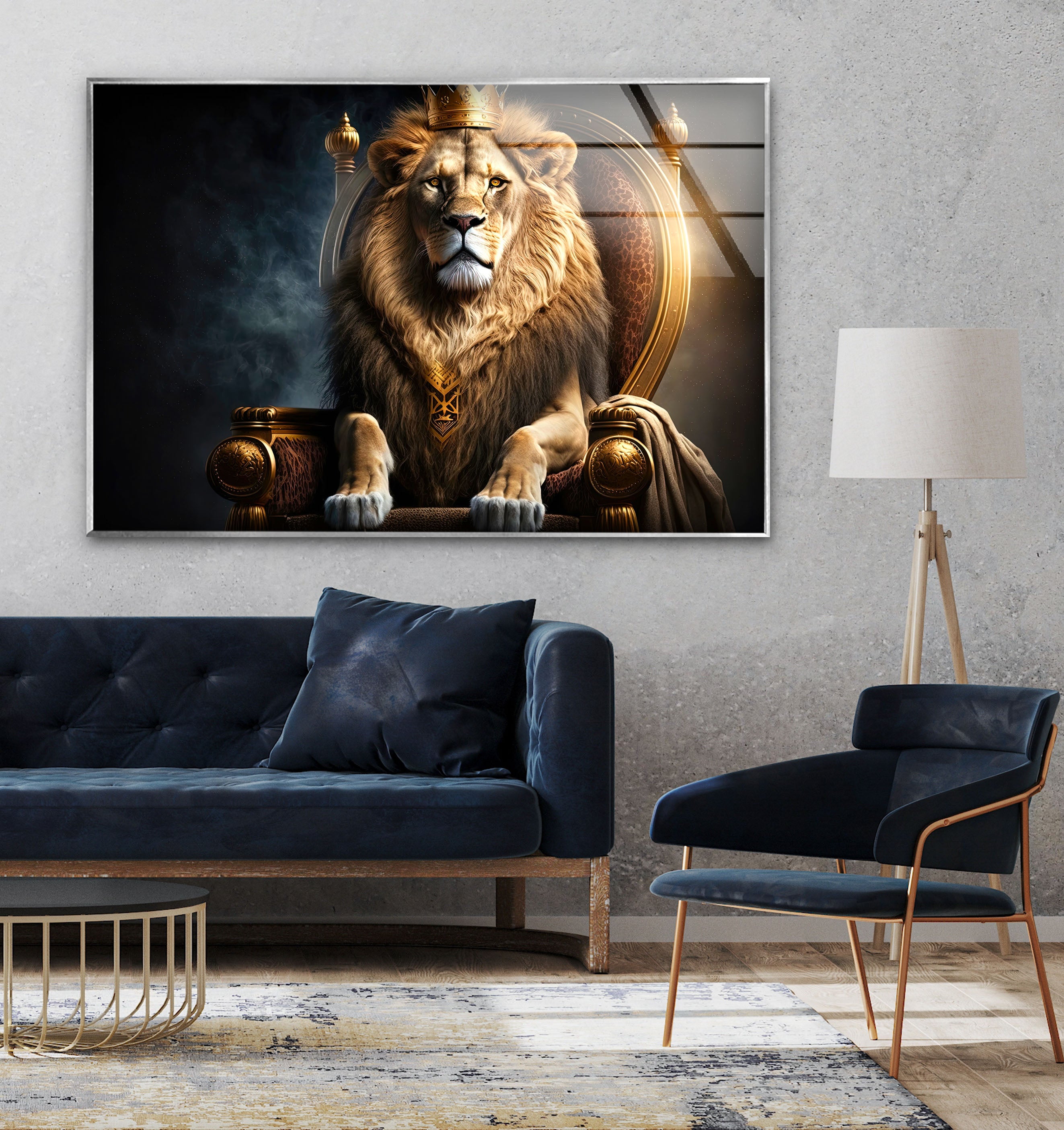 a living room with a blue couch and a painting of a lion on the wall