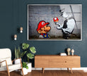 a living room with a large painting of a cartoon character