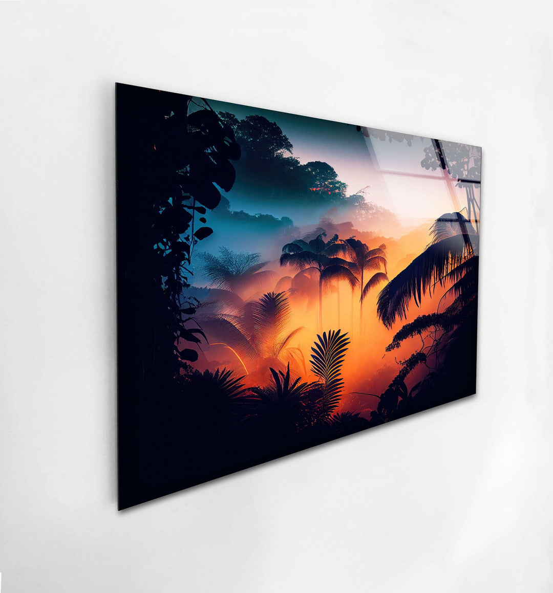 A tranquil jungle scene as the sun rises, casting a soft golden glow on the forest.
