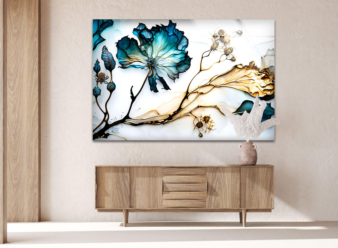 Blue Abstract Flower Glass Wall Art, glass pictures for Wall, glass prints wall art