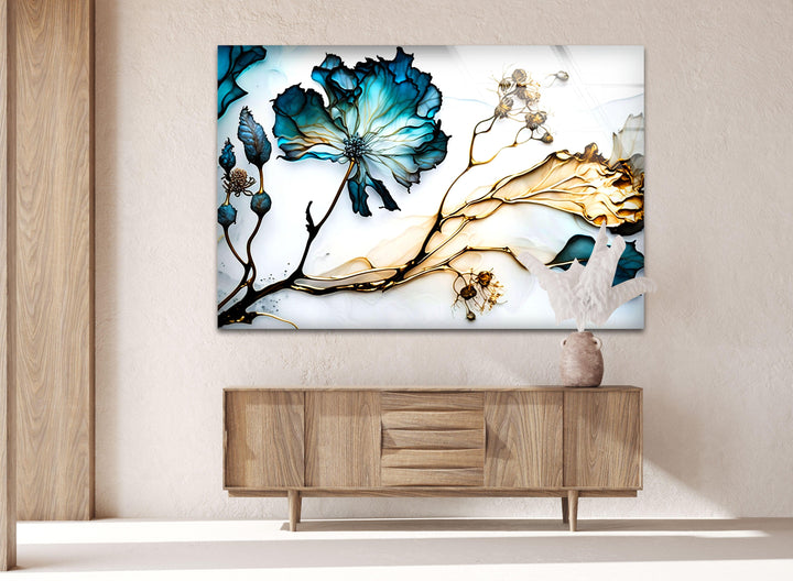 Blue Abstract Flower Glass Wall Art, glass pictures for Wall, glass prints wall art